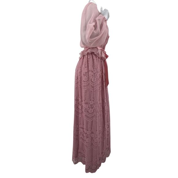 Vintage 1970's Mauve Pink PROM Maxi DRESS & JACKET Sheer Sleeves & Lace Overlay - Picture 12 of 14